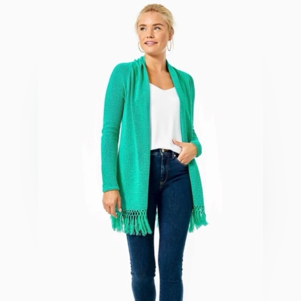 Like New Lilly Pulitzer Light Green Tatum Fringe Cardigan, Size Large - Picture 2 of 12